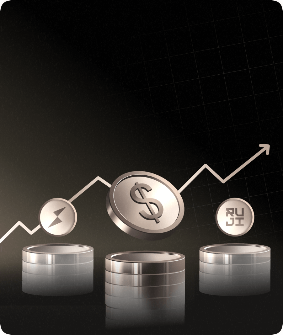 3D metallic coins with financial symbols (dollar, lightning bolt, and “RUJI”) stacked on dark pedestals, set against a grid background with an upward-trending line graph, representing financial growth or investment.