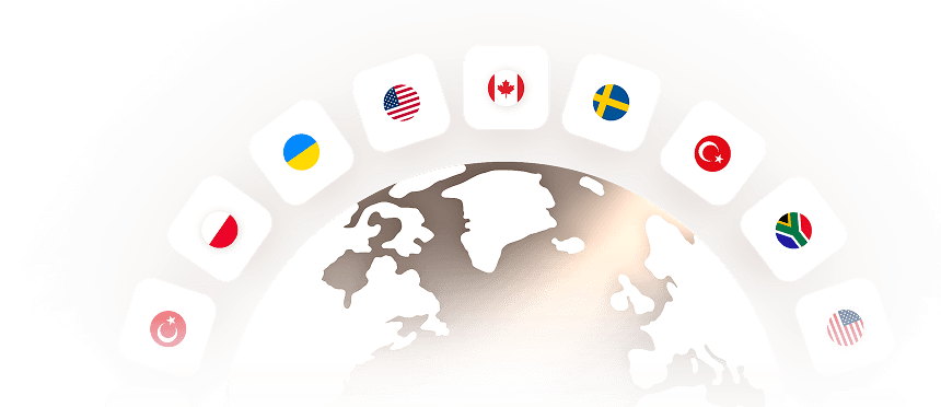 A stylized partial globe with a curved row of square icons above it, each displaying a different national flag, including the United States, Canada, Sweden, Ukraine, Japan, Turkey, South Africa, and others, representing global connectivity or international diversity.